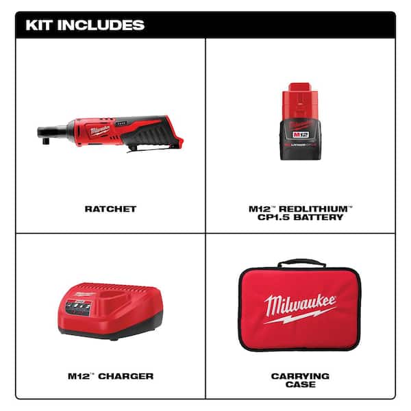 M12 12V Lithium-Ion Cordless 3/8 in. Ratchet Kit with One 1.5 Ah Battery. Charger and Tool Bag