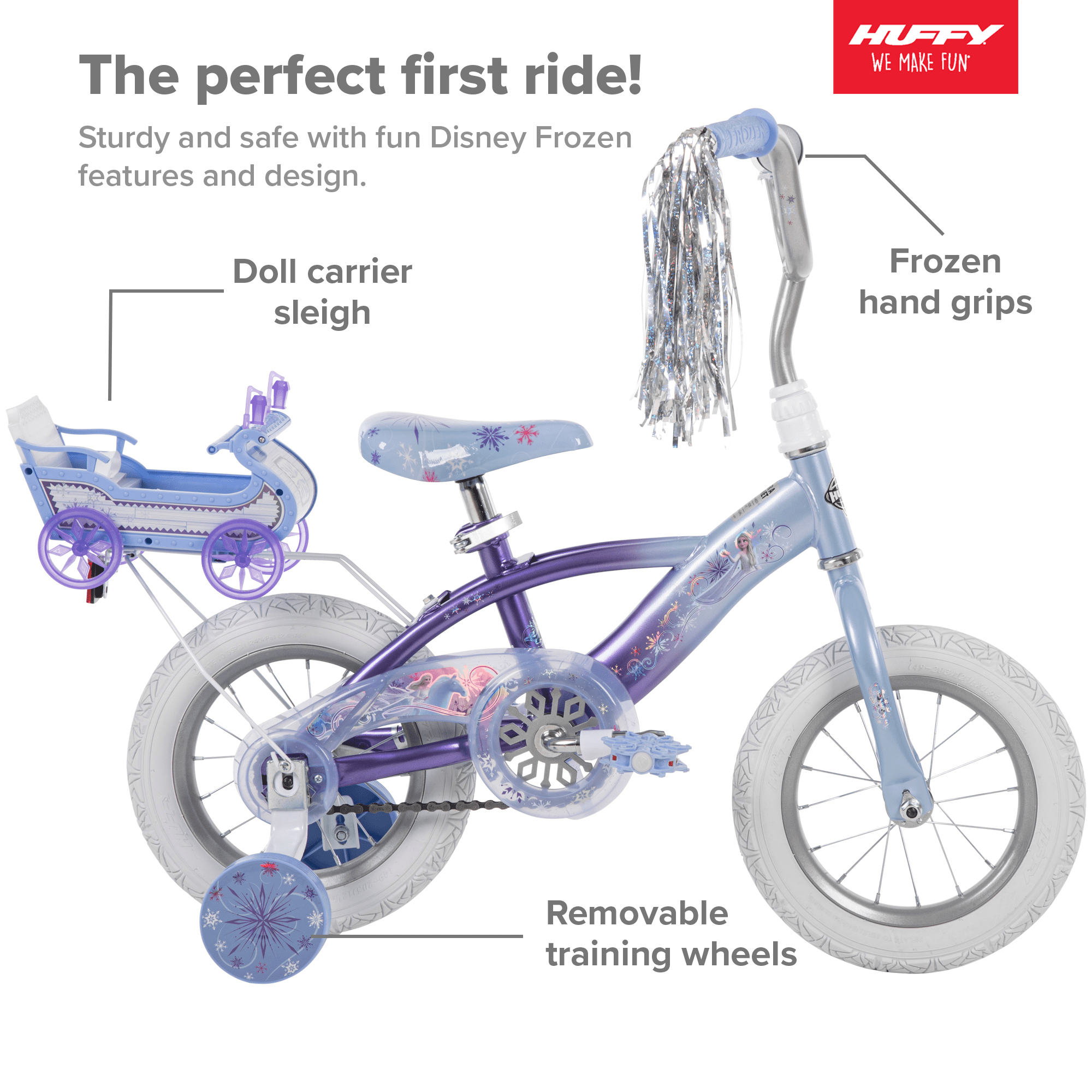 Frozen Bike with Doll Carrier Sleigh for Girl's. 12 In.. White and Purple by Huffy