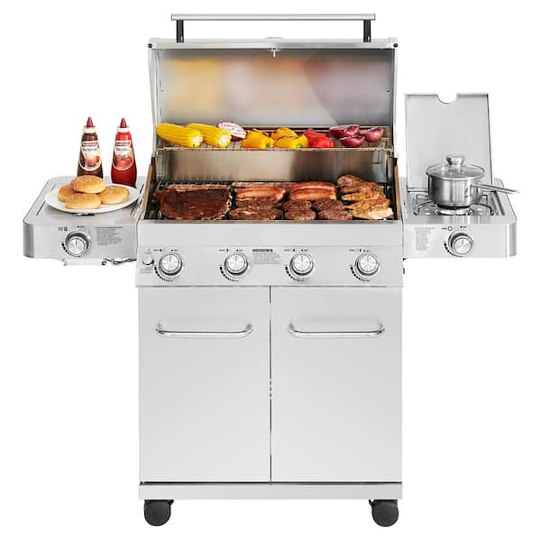 4-Burner Propane Gas Grill in Stainless with LED Controls. Side and Side Sear Burners