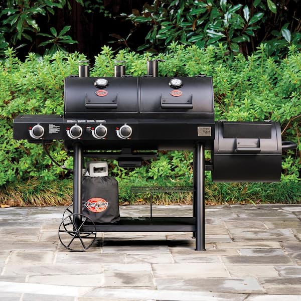 Texas Trio 4-Burner Dual Fuel Grill with Smoker in Black