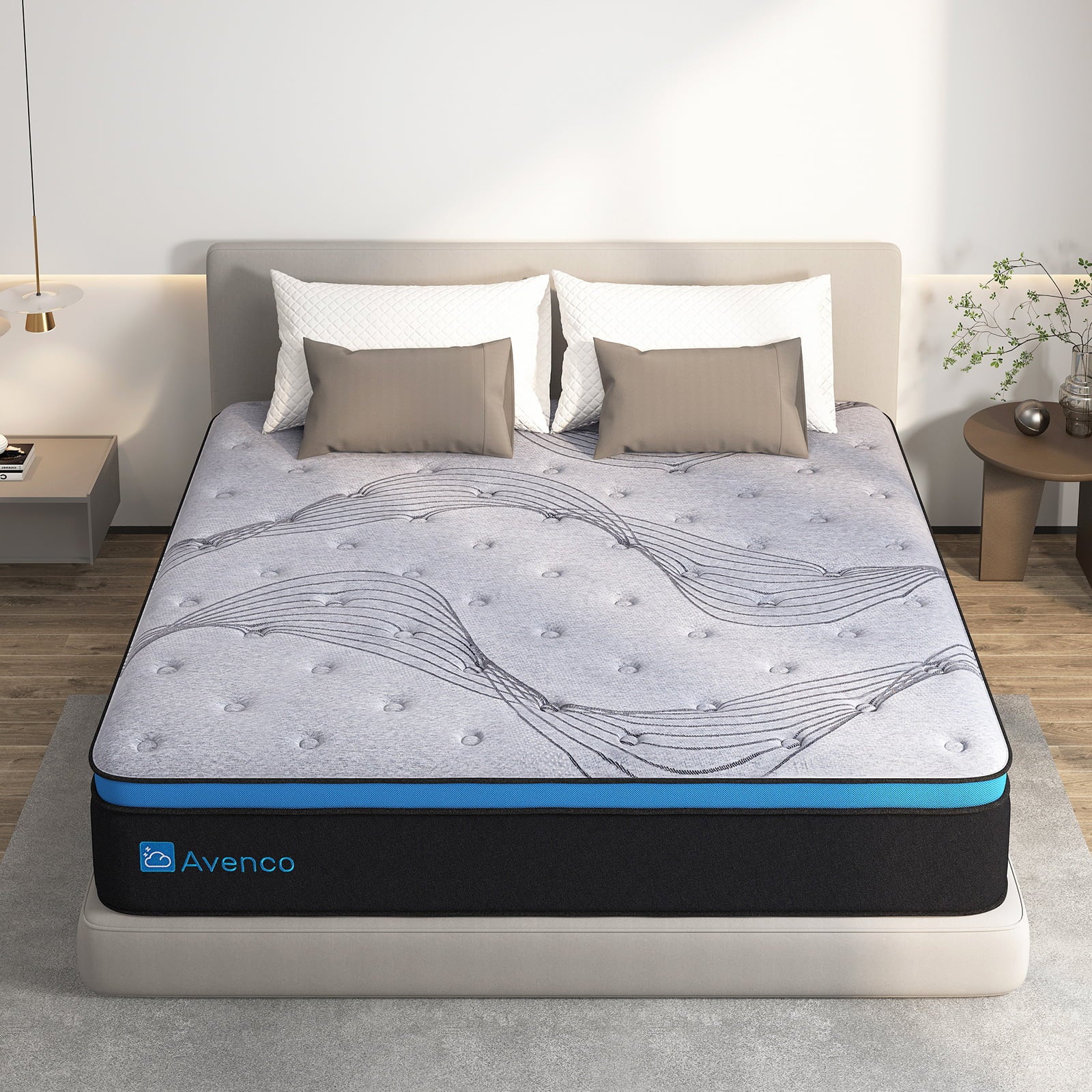 Queen Size Firm. 12-Inch Hybrid Mattress in a Box. Innerspring and Gel Memory Foam. Gray. Pillow Top